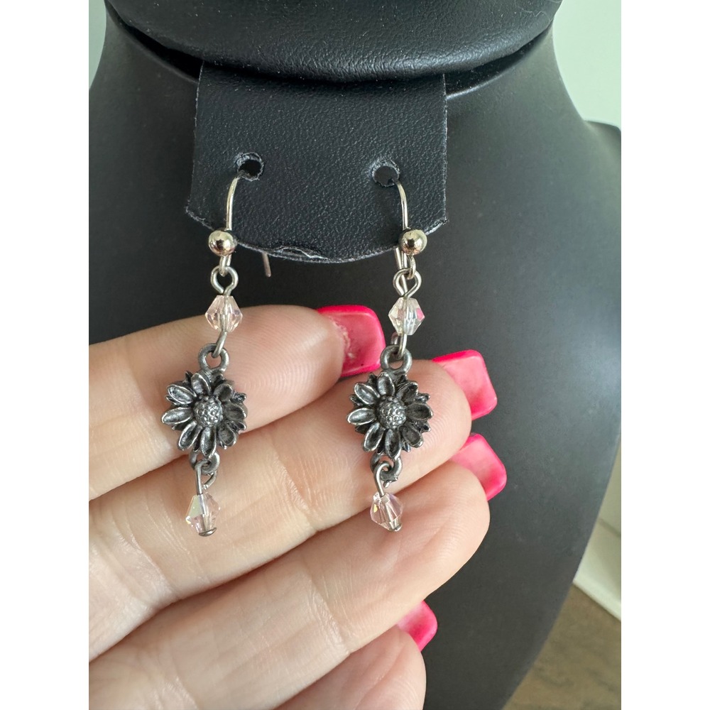 Vintage‎ Flower Dangle Earrings Silver Tone with Crystal Accents Fashion Jewelry